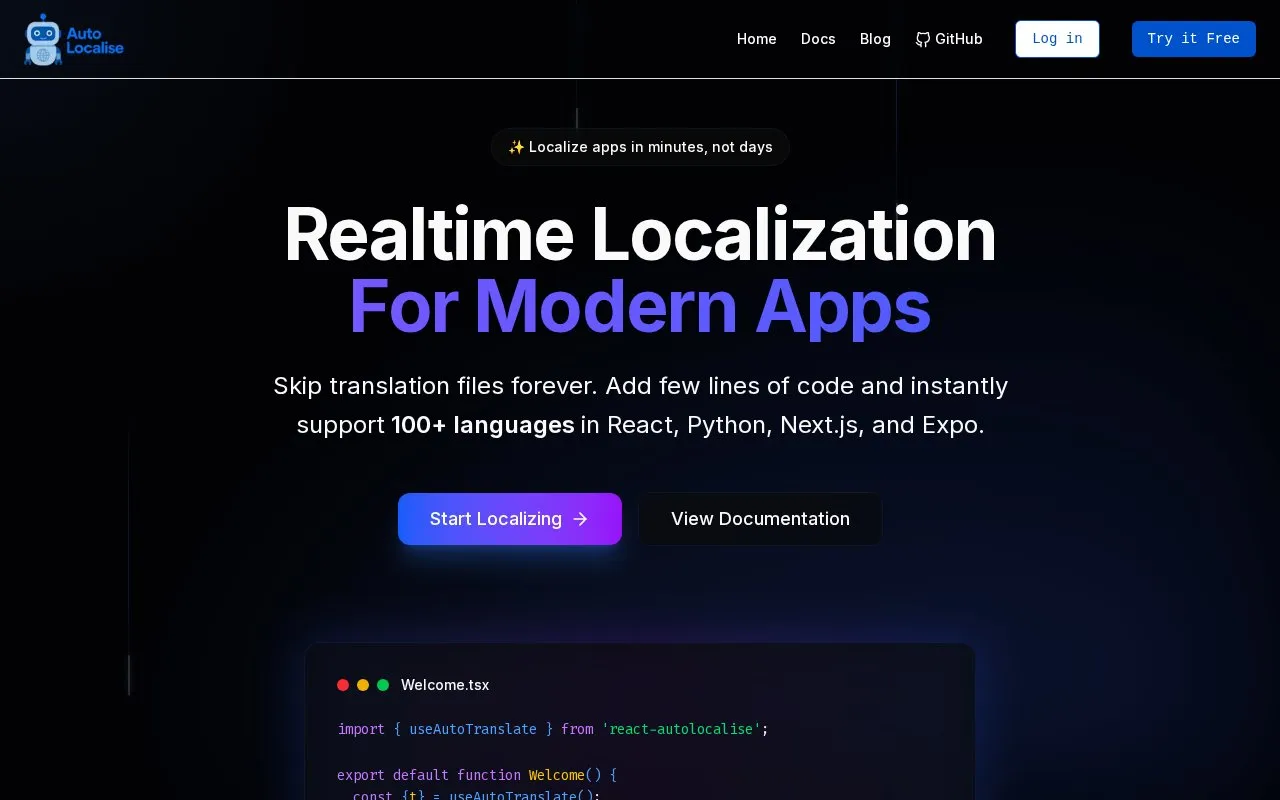 AutoLocalise homepage screenshot
