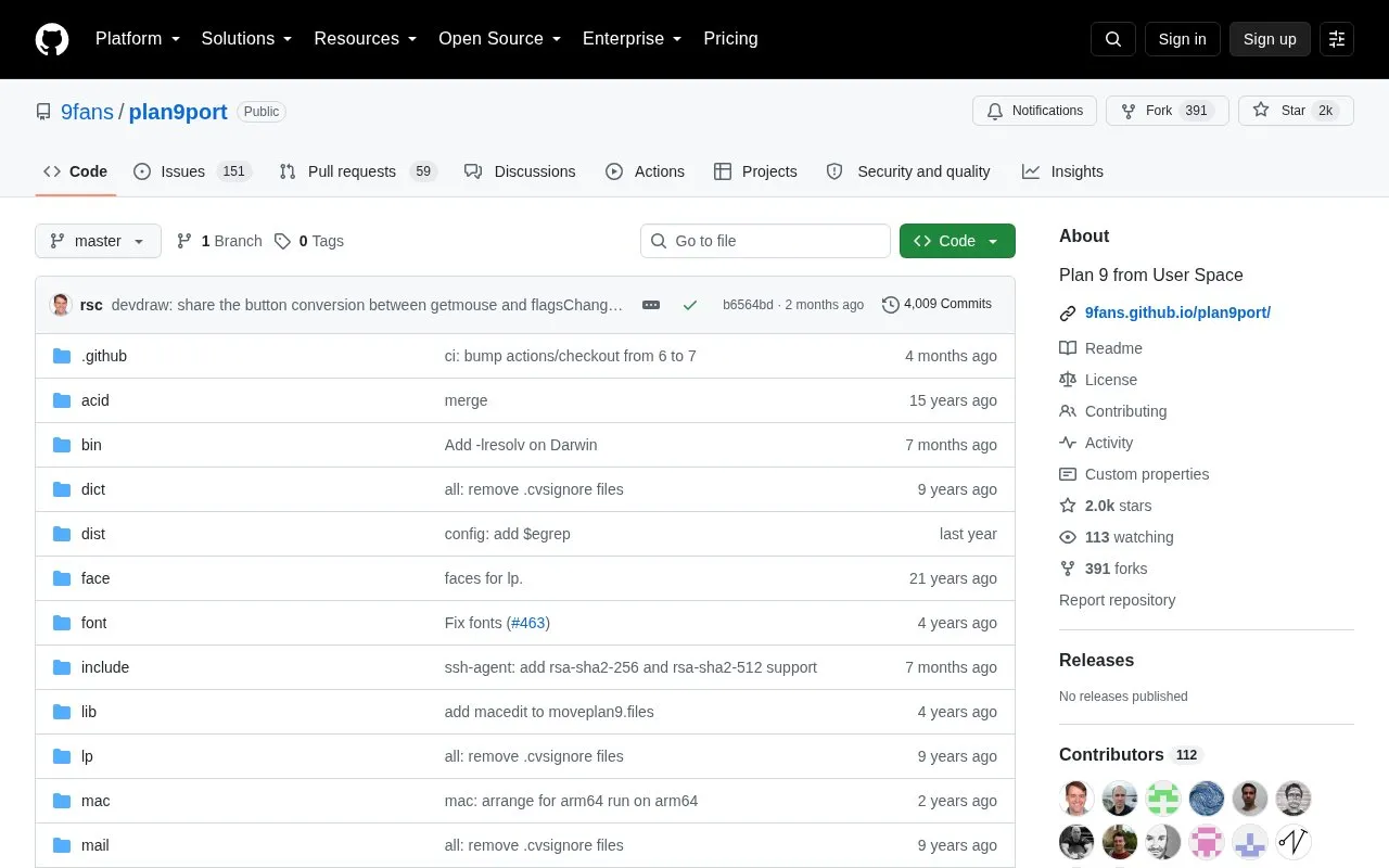 Plan9port homepage screenshot