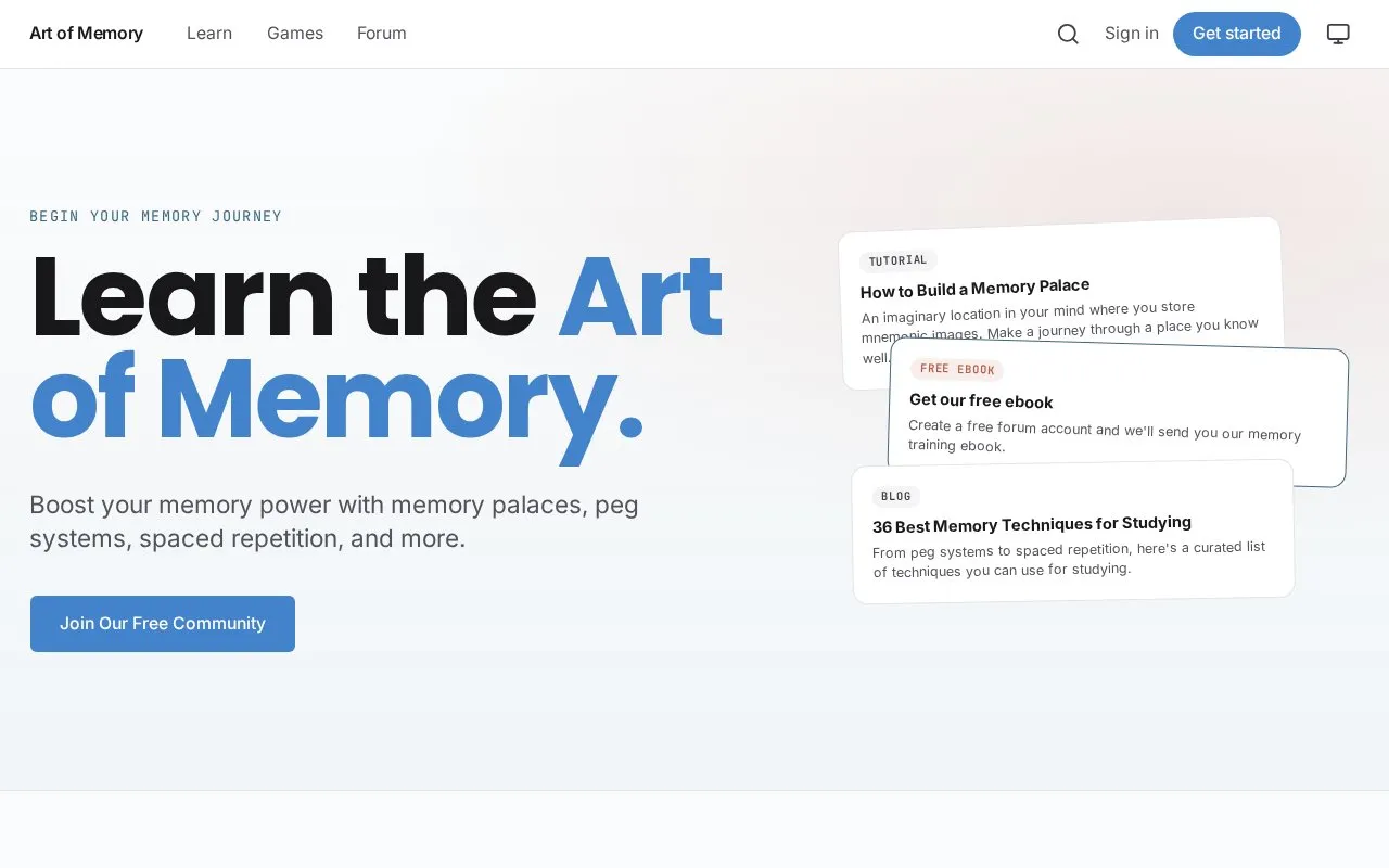 Art of Memory homepage screenshot