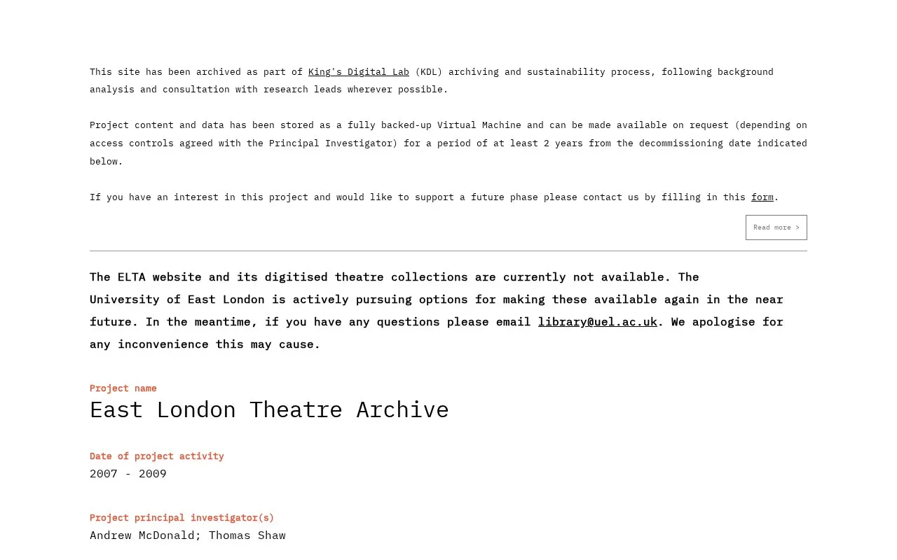 East London Theatre Archive homepage screenshot