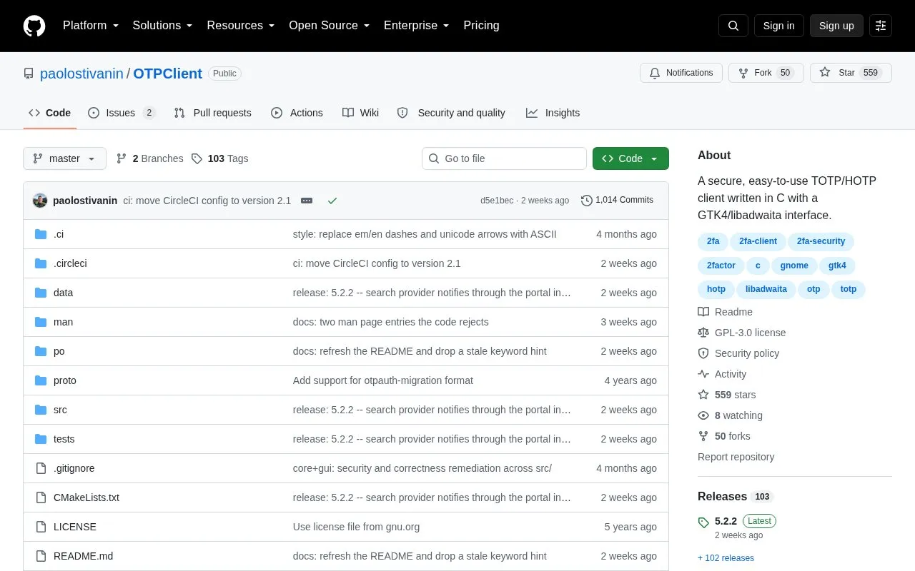 OTPClient homepage screenshot