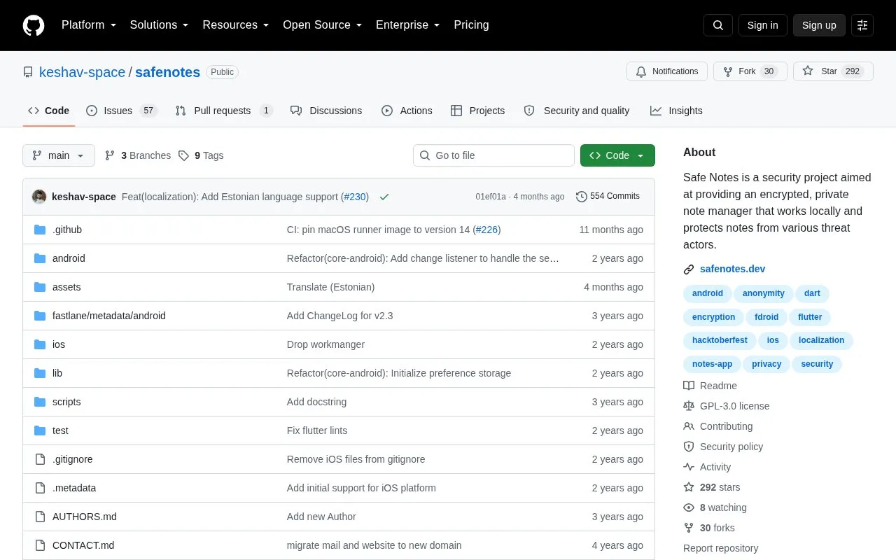 Safenotes homepage screenshot
