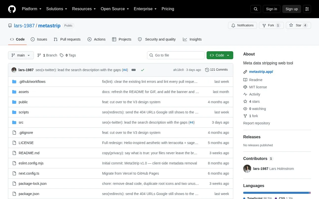 Metastrip homepage screenshot