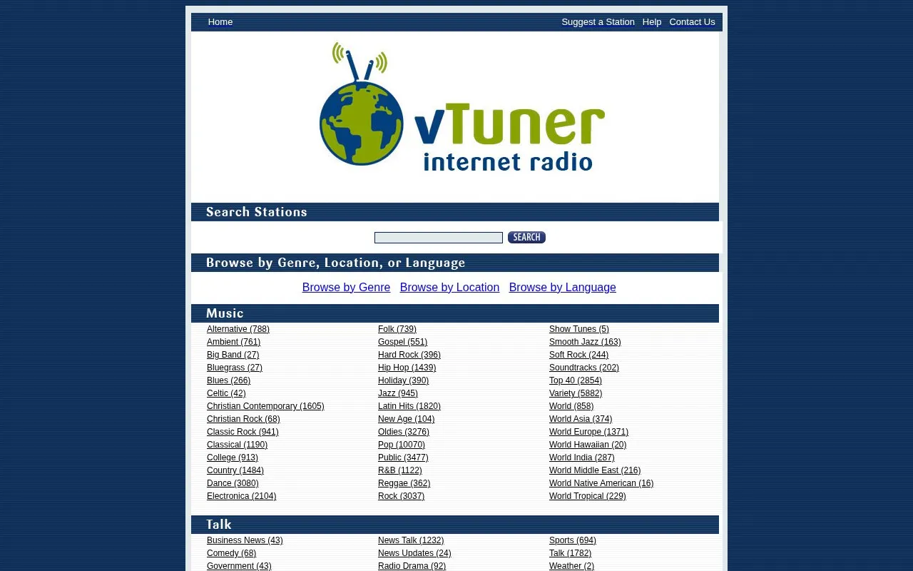 vTuner homepage screenshot