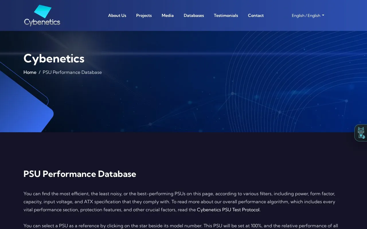Cybenetics PSU Benchmarks homepage screenshot