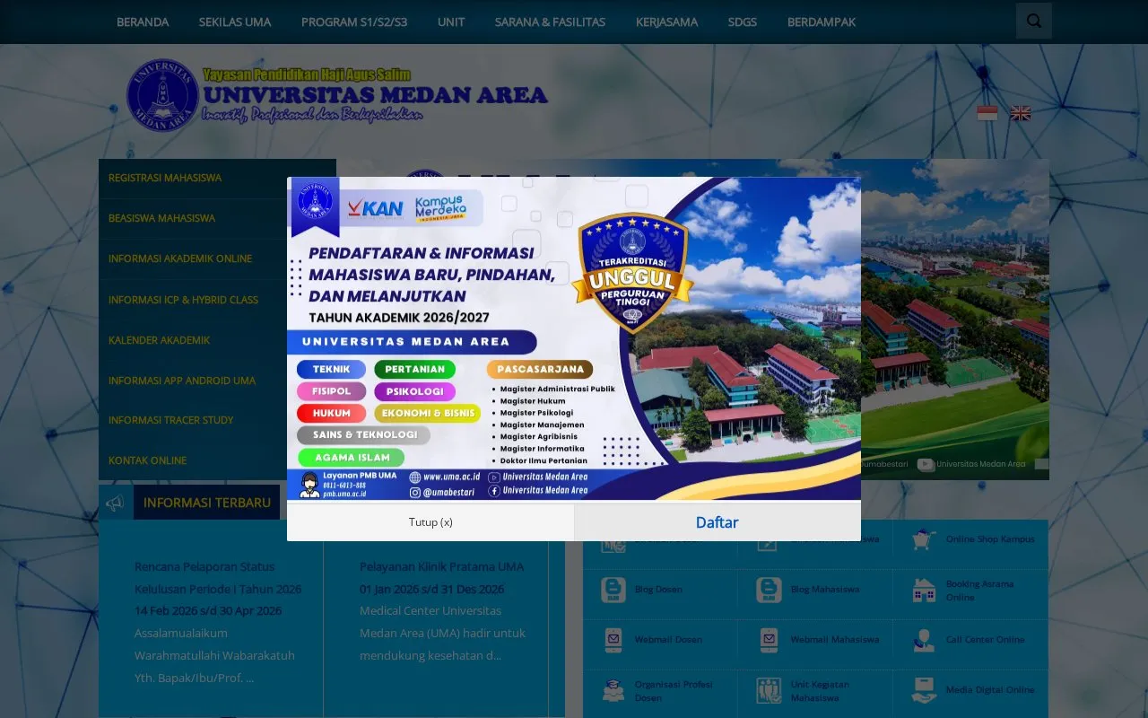 Universitas Medan Area homepage screenshot
