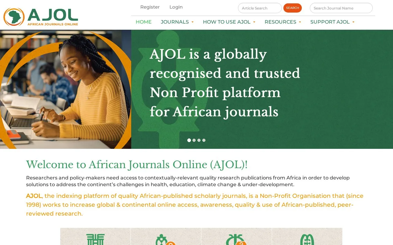 African Journals OnLine homepage screenshot