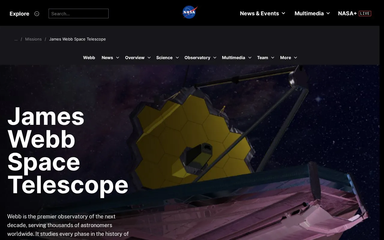 James Webb Space Telescope homepage screenshot