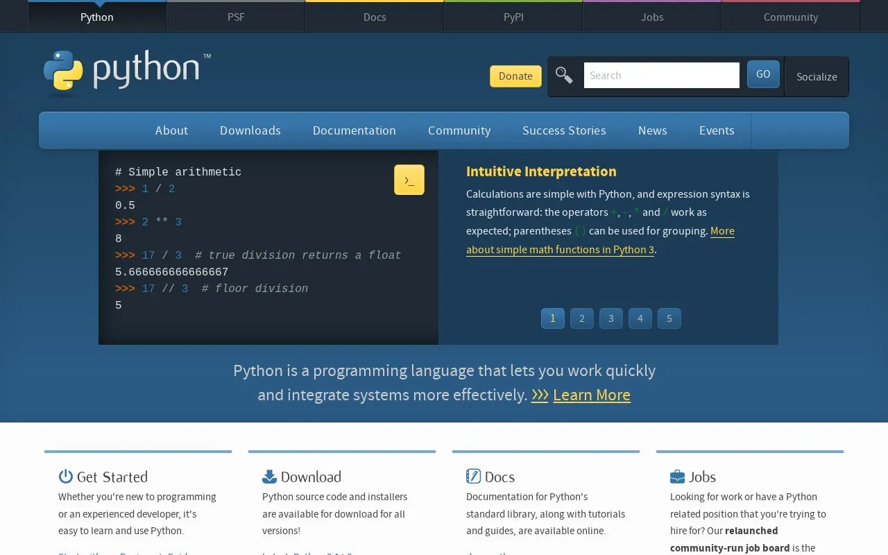 Python homepage screenshot