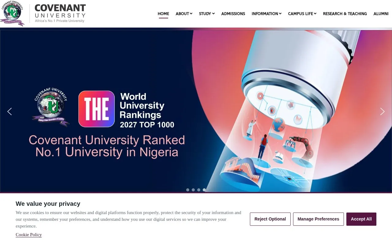 Covenant University homepage screenshot