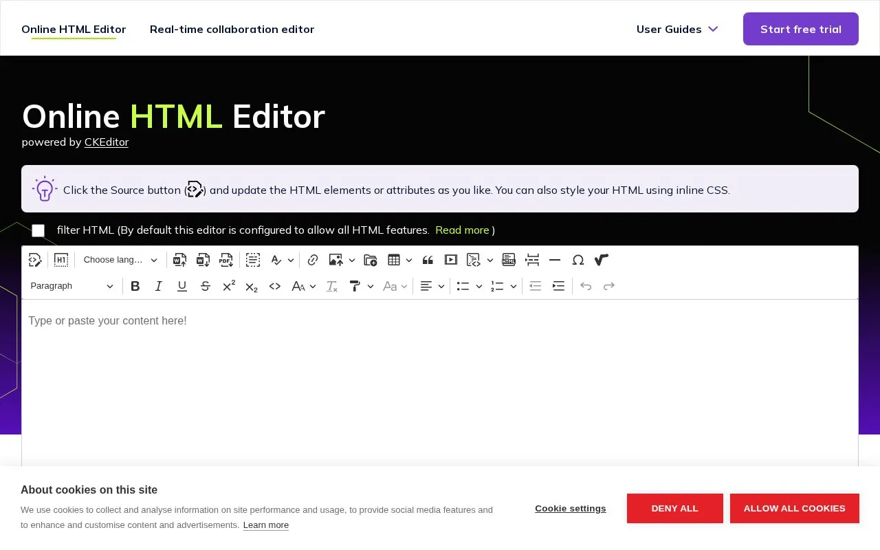 HTML editor homepage screenshot