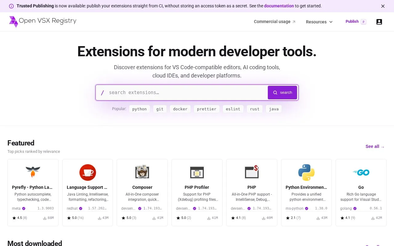 Open VSX homepage screenshot