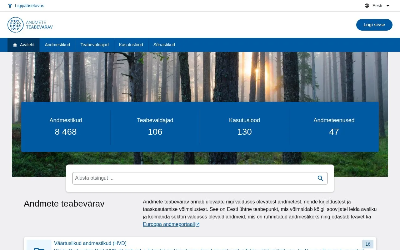 Open Data Portal Estonia homepage screenshot