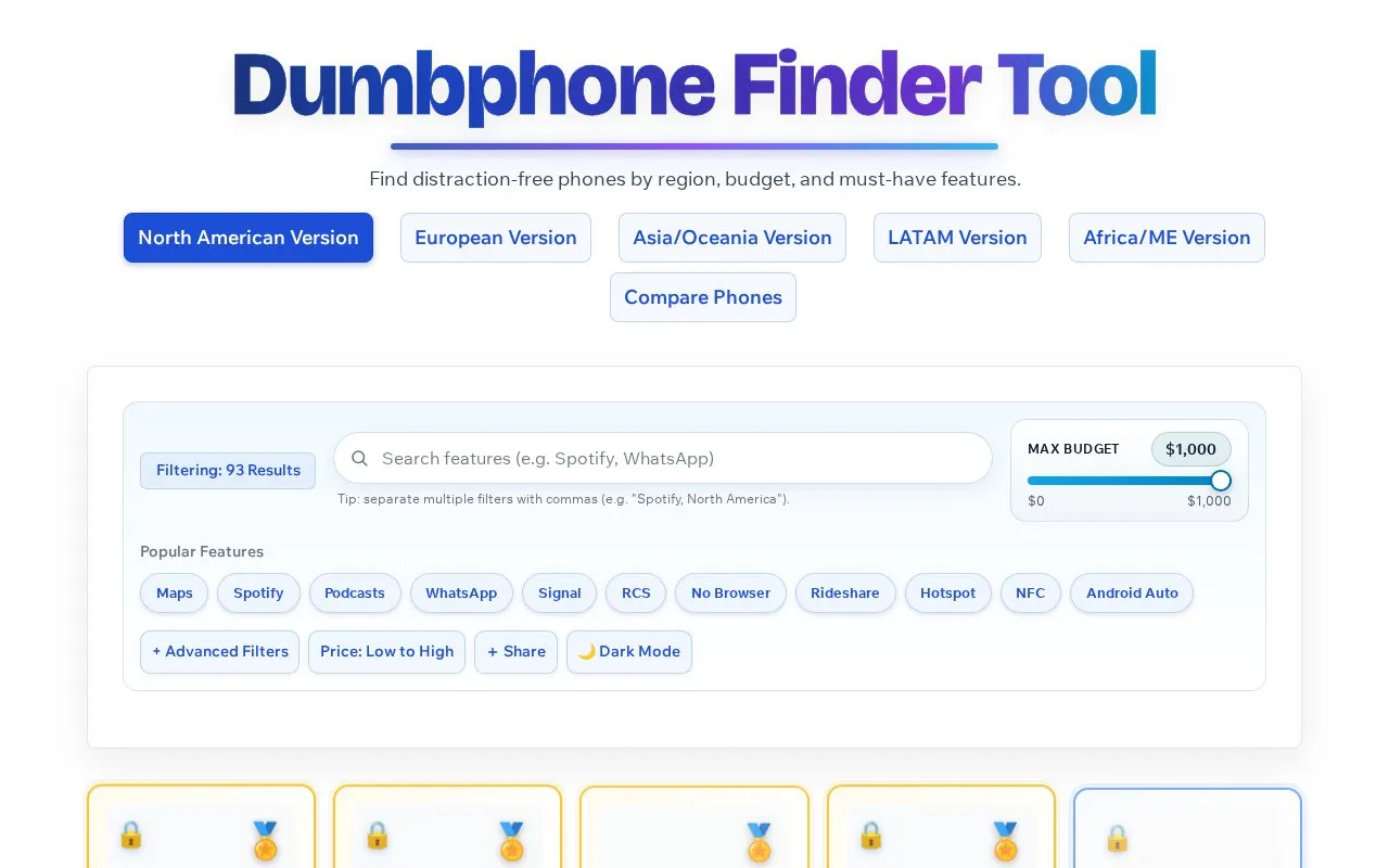 Dumbphone Finder homepage screenshot