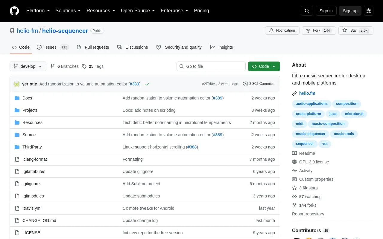 Helio Sequencer homepage screenshot