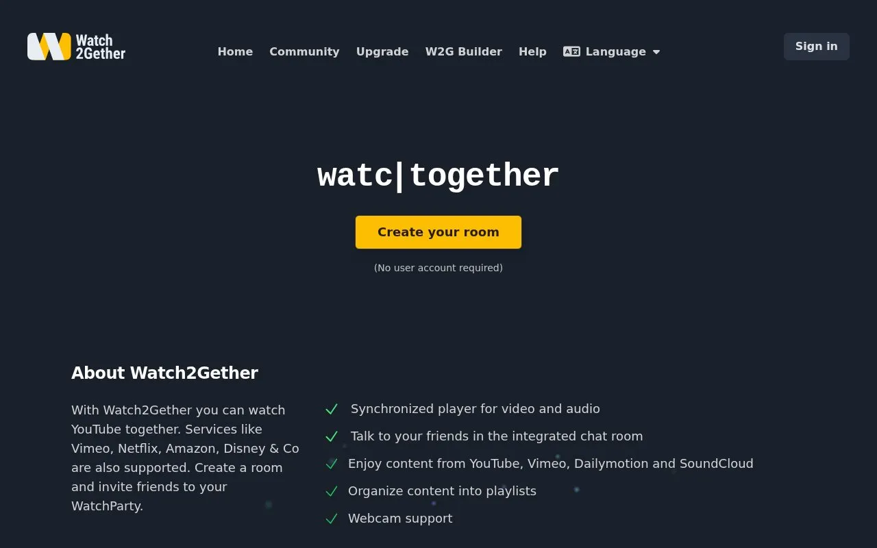 Watch2Gether homepage screenshot