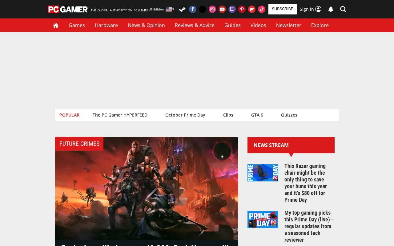 PC Gamer homepage screenshot