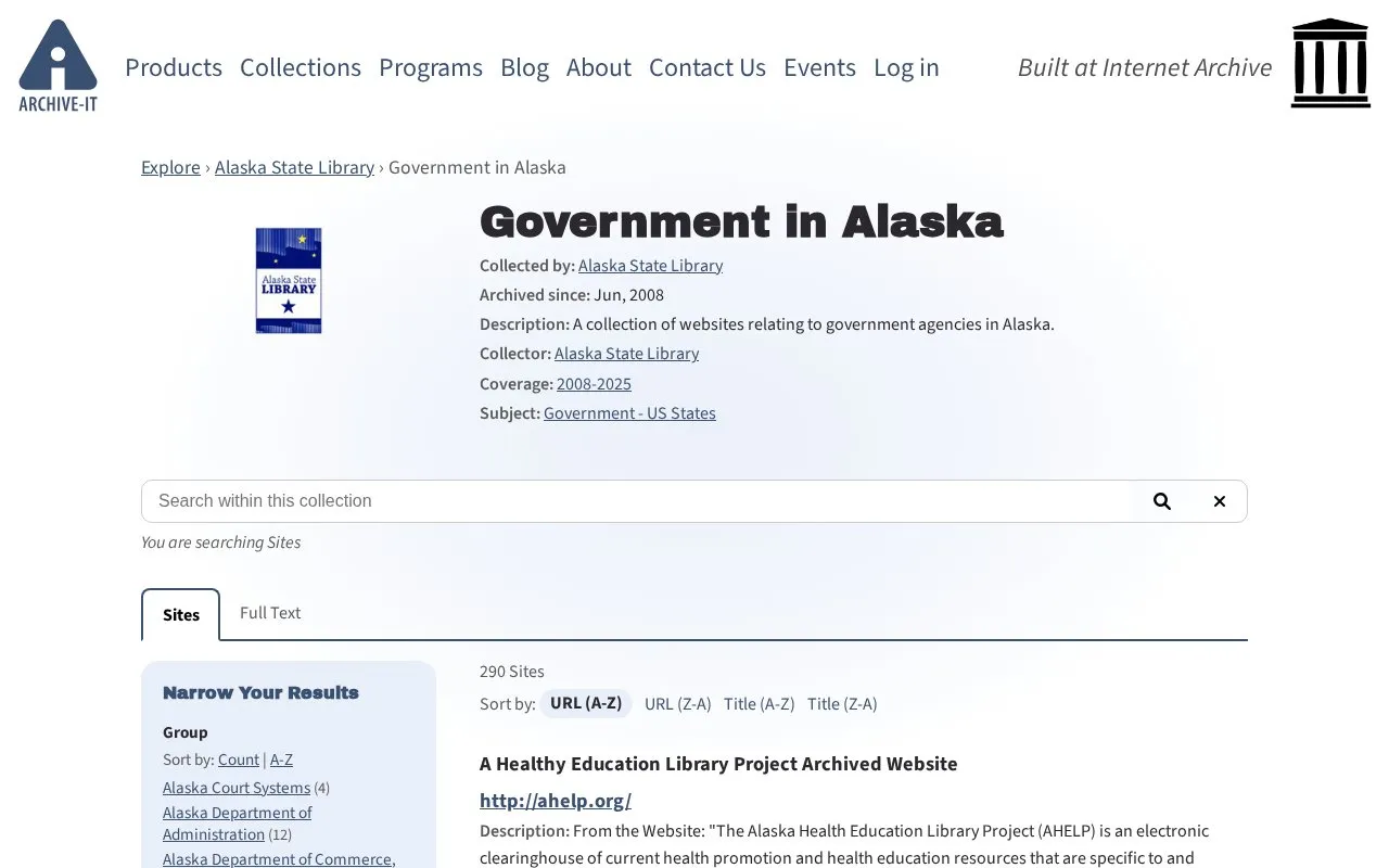 Government in Alaska Web Archives homepage screenshot