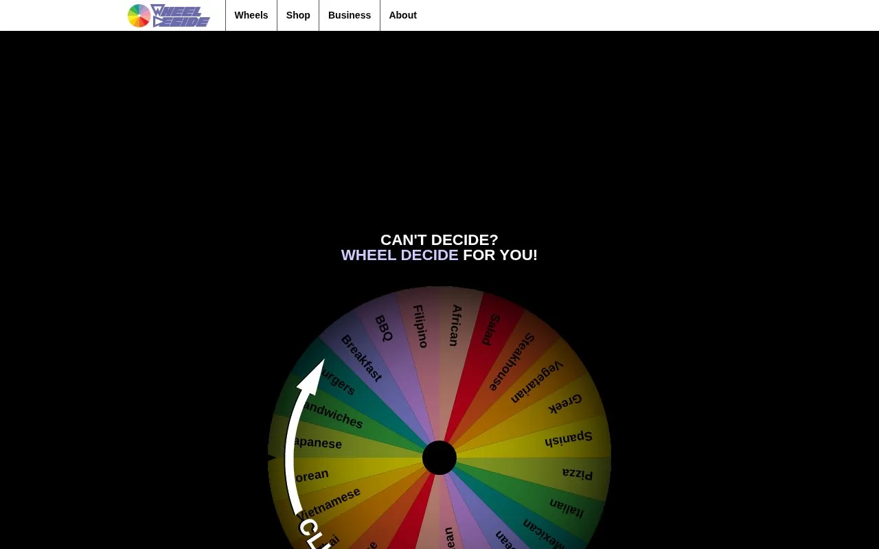 Wheel Decide homepage screenshot