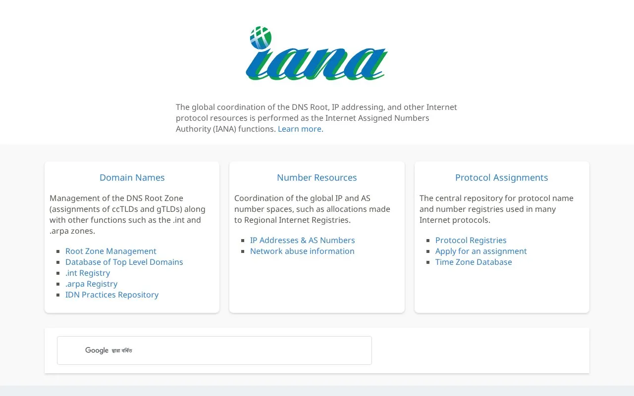 iana homepage screenshot