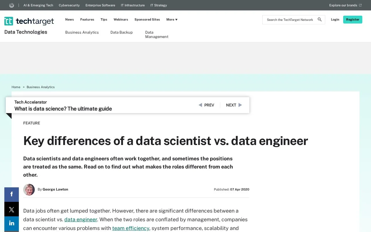 Key differences of a data scientist vs. data engineer homepage screenshot