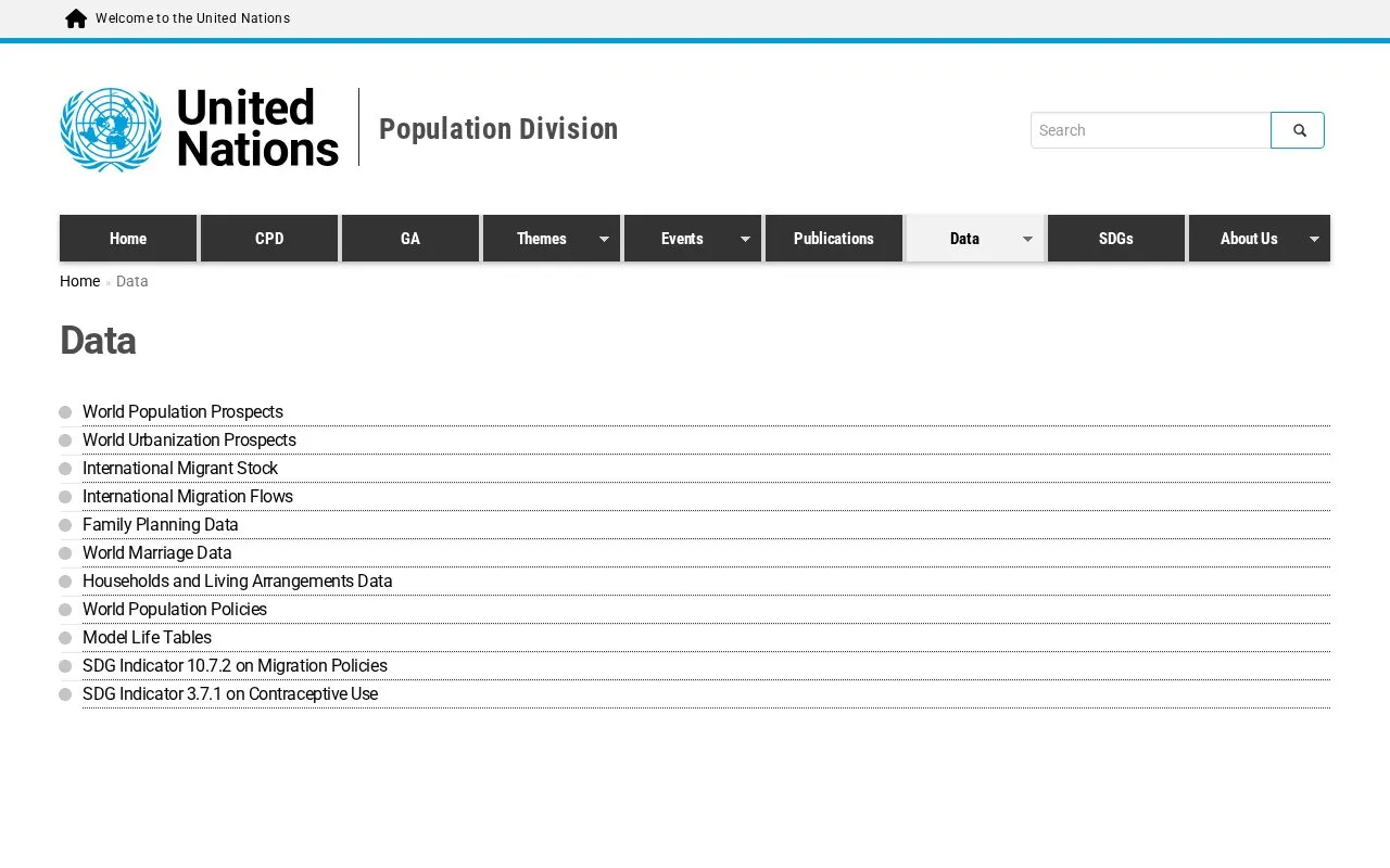 United Nations Population Divison Data homepage screenshot
