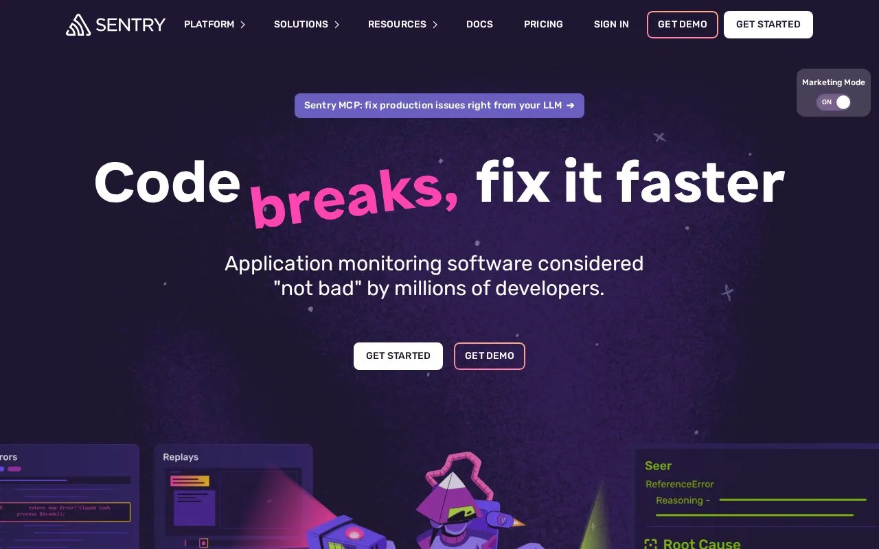 Sentry homepage screenshot