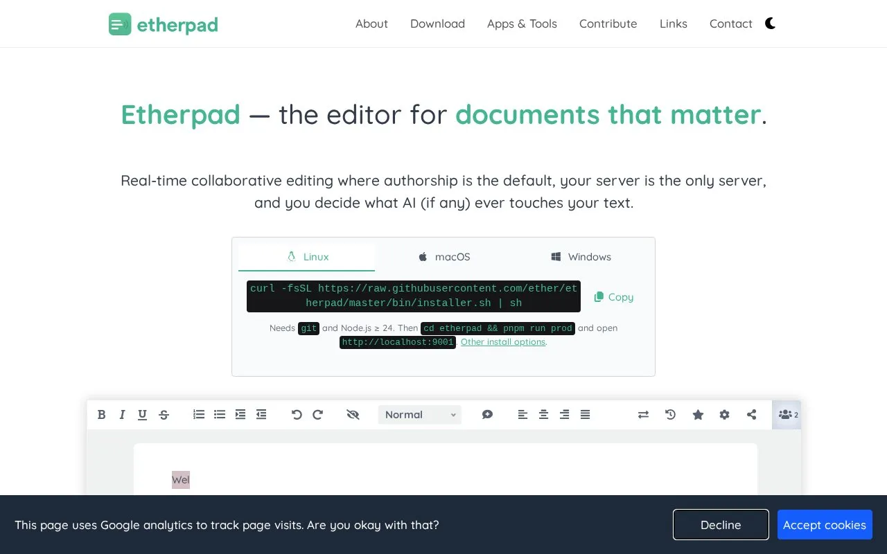 Etherpad homepage screenshot
