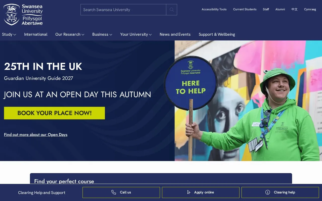 Swansea University homepage screenshot