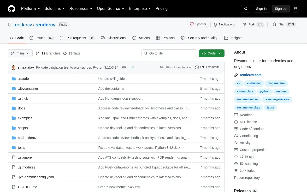 Rendercv homepage screenshot