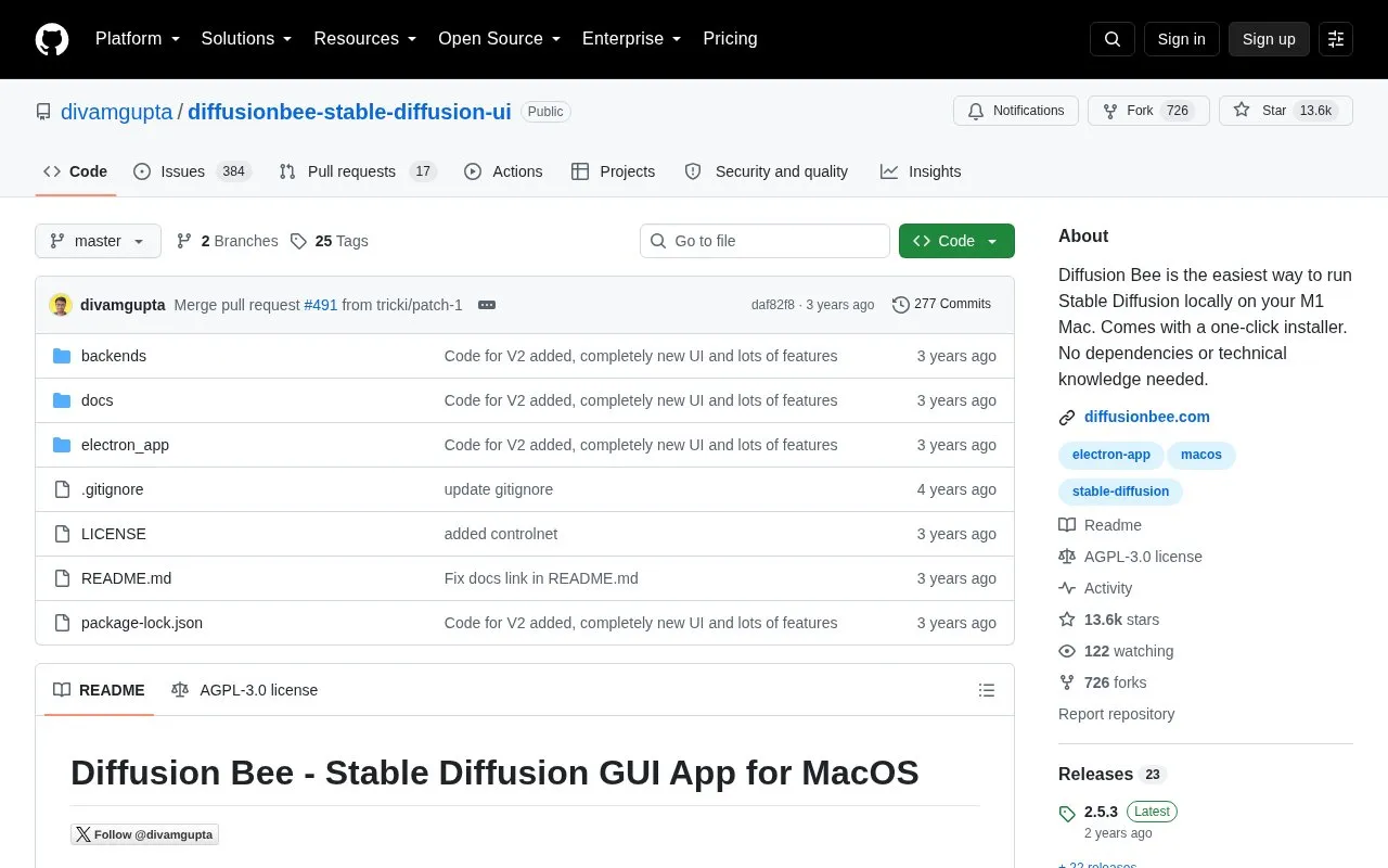 Diffusionbee Stable Diffusion UI homepage screenshot
