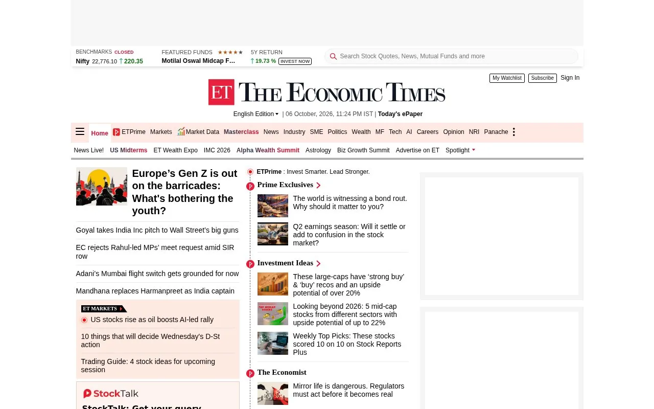The Economic Times homepage screenshot