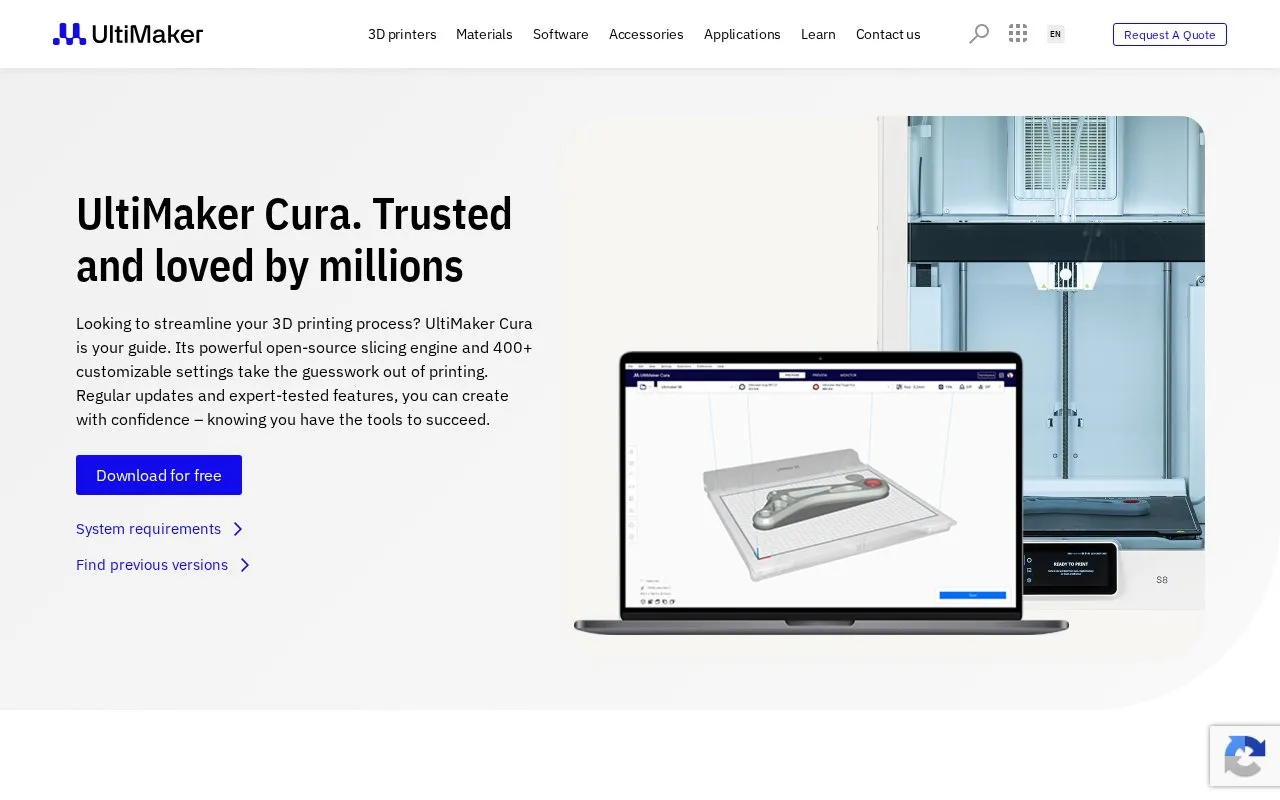 Ultimaker Cura homepage screenshot