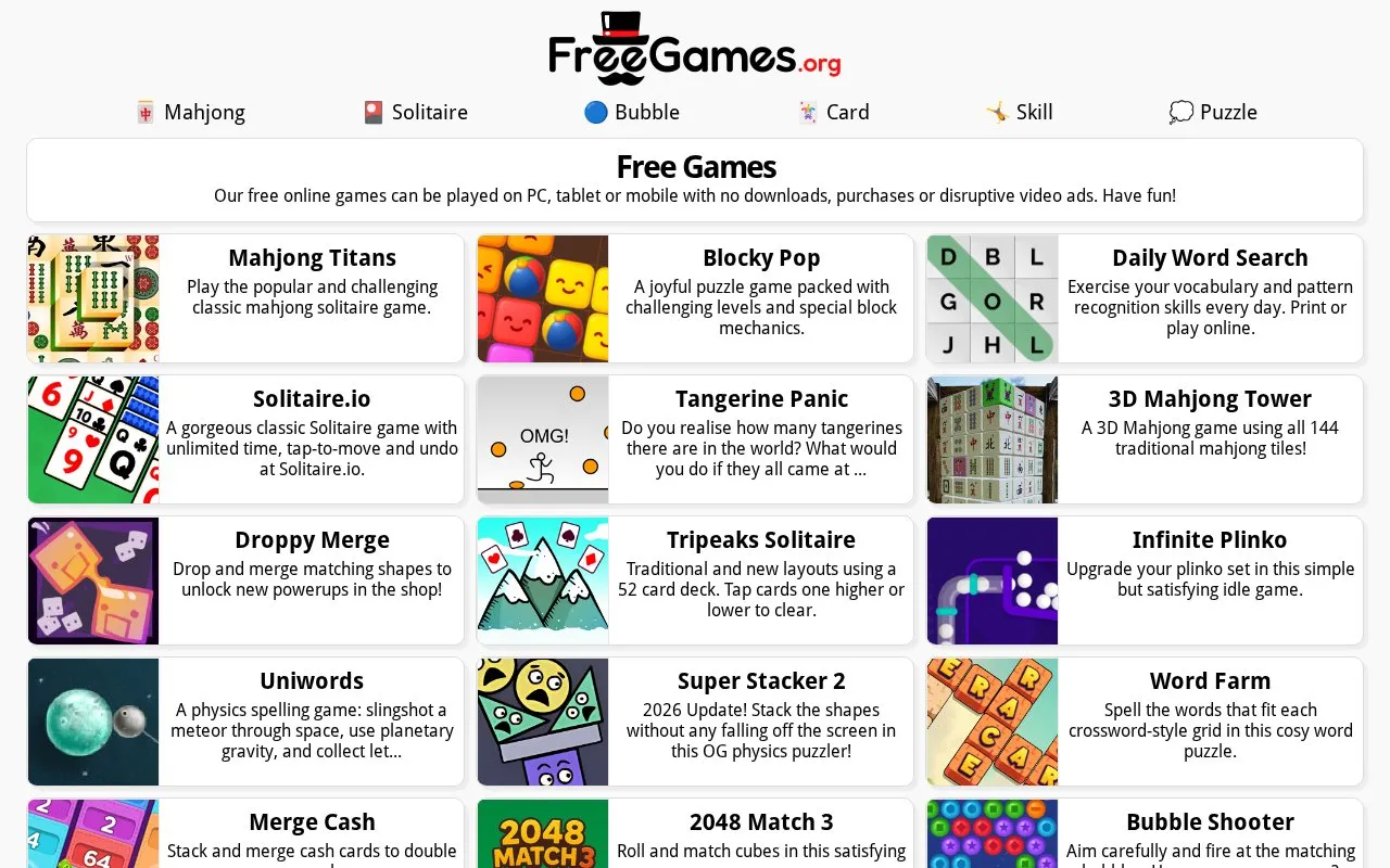 FreeGames homepage screenshot