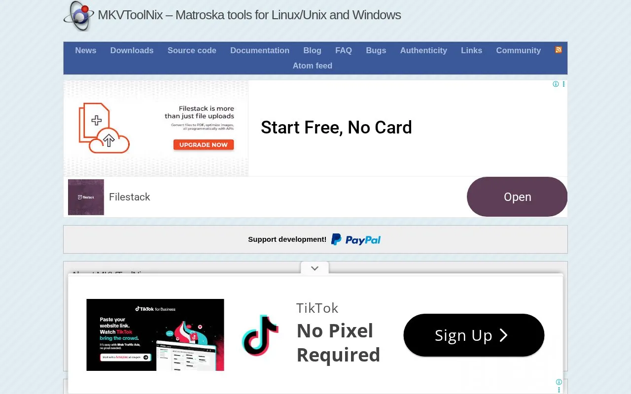 MKVToolNix homepage screenshot