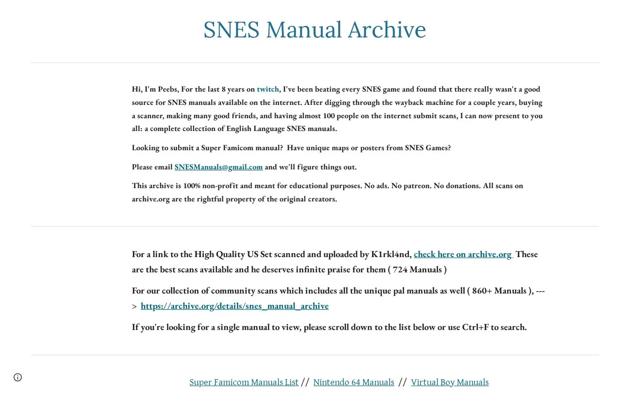 SNES Manuals homepage screenshot