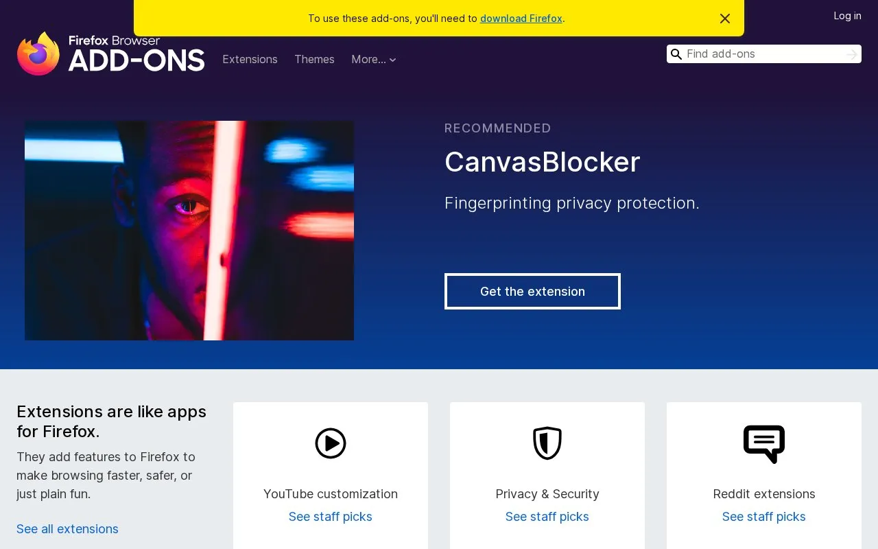 Firefox Browser Add-ons homepage screenshot