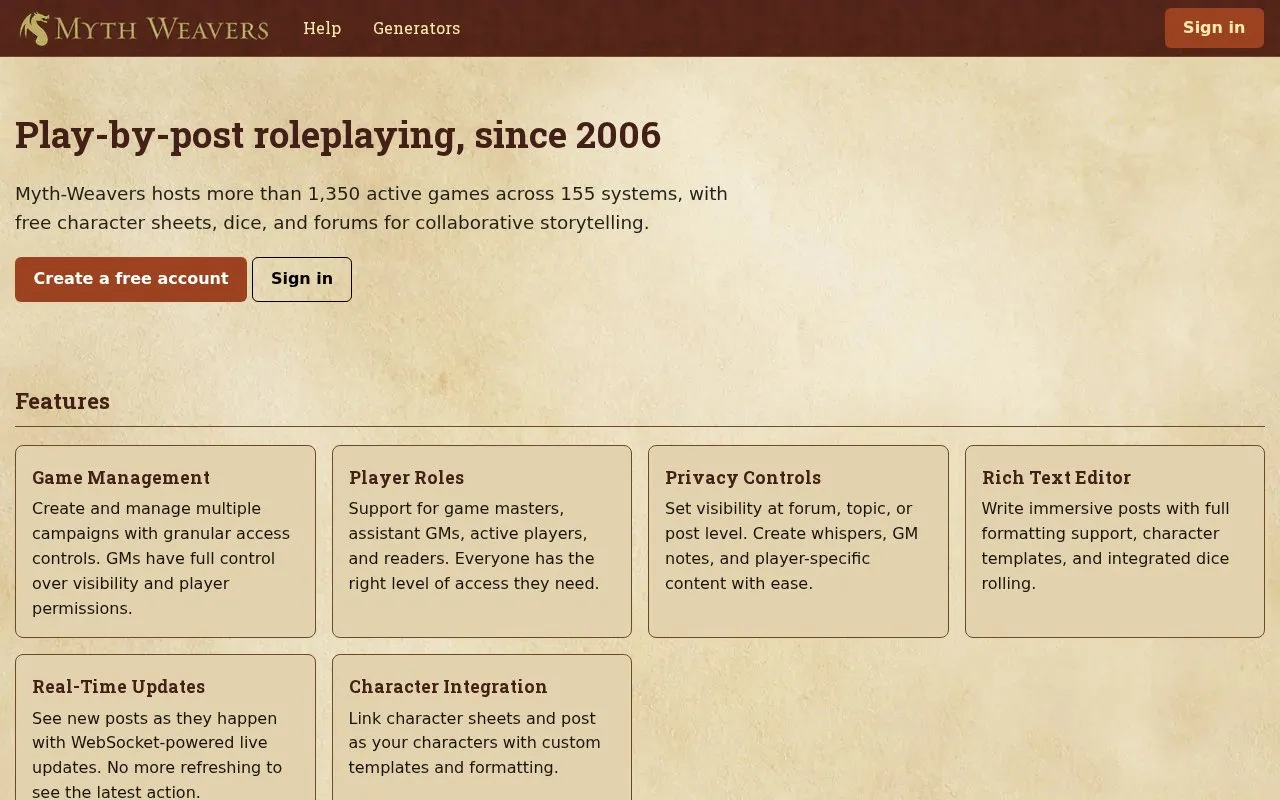 Myth Weavers homepage screenshot