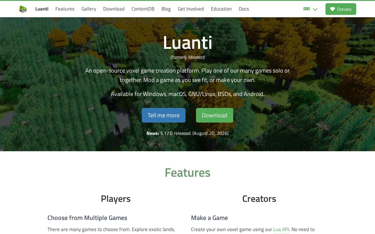 Luanti homepage screenshot