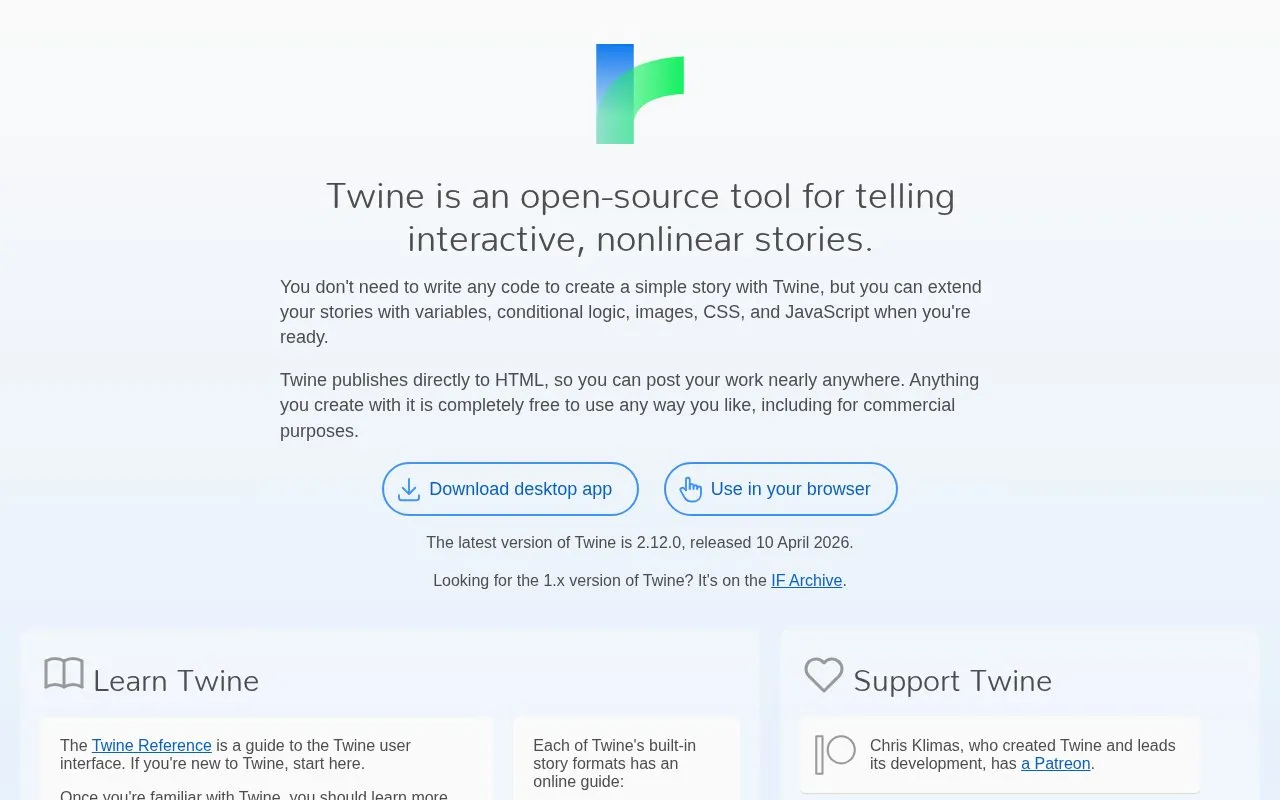 Twinery homepage screenshot