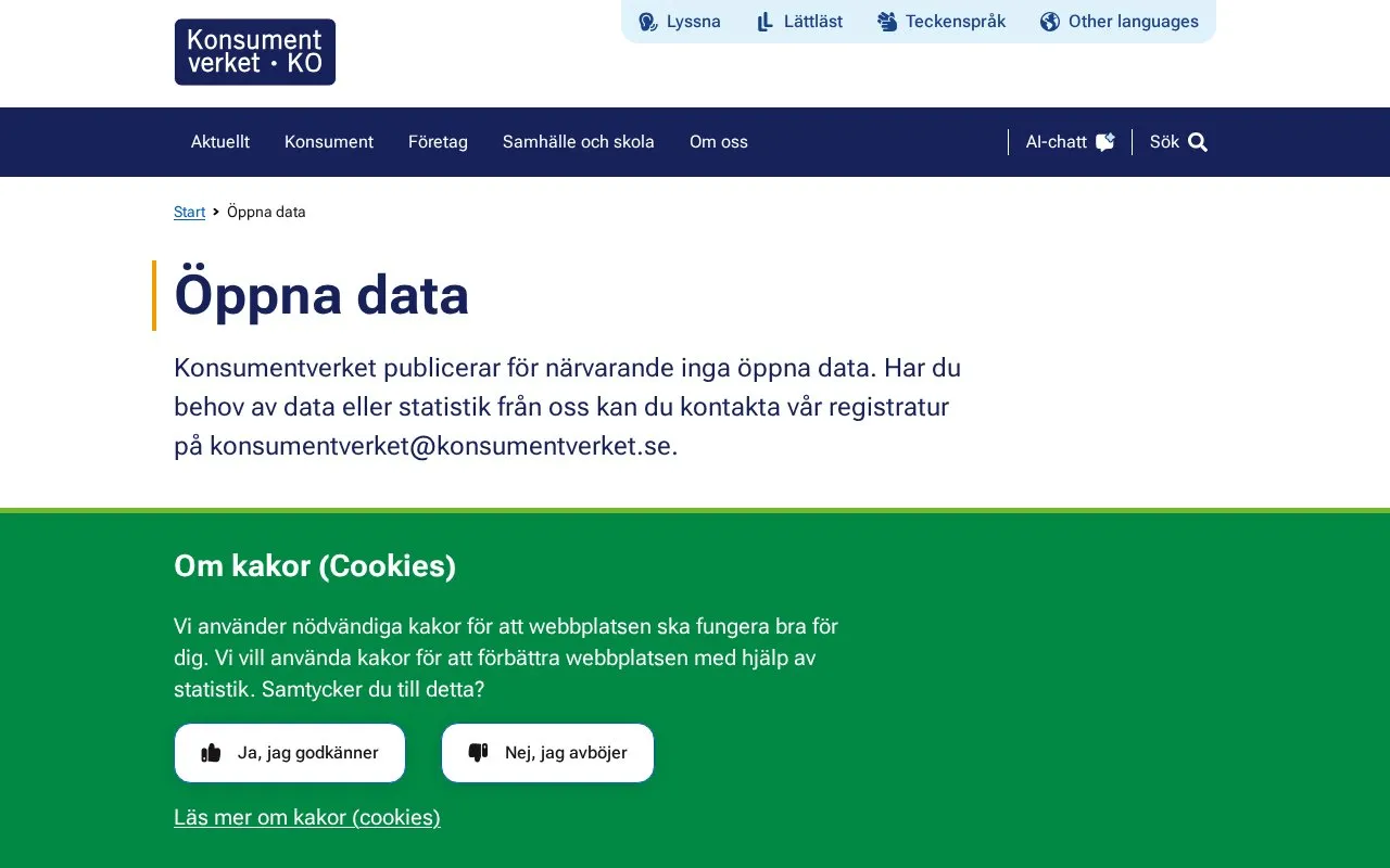 open data of the Swedish Consumer Agency homepage screenshot