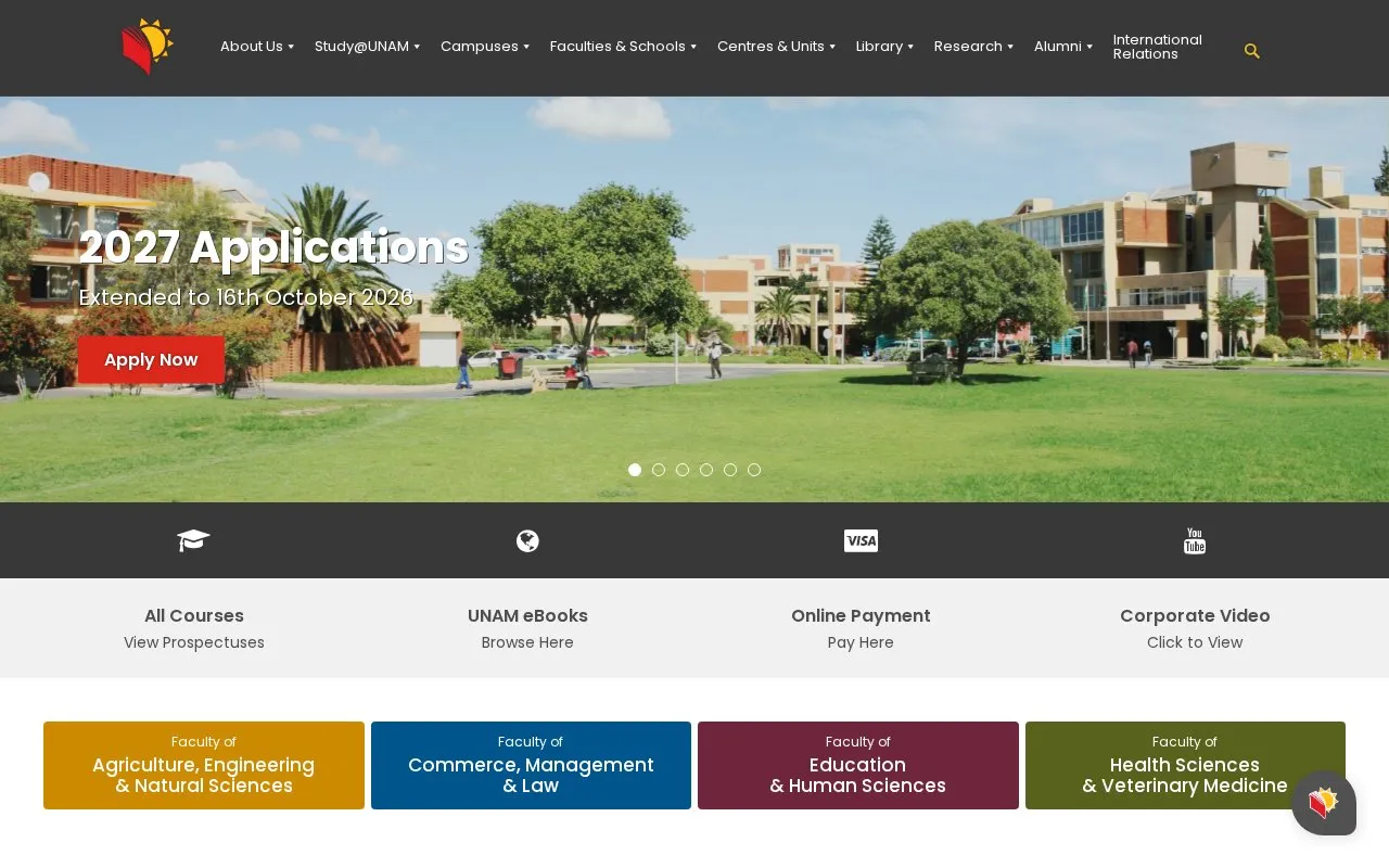 University of Namibia homepage screenshot