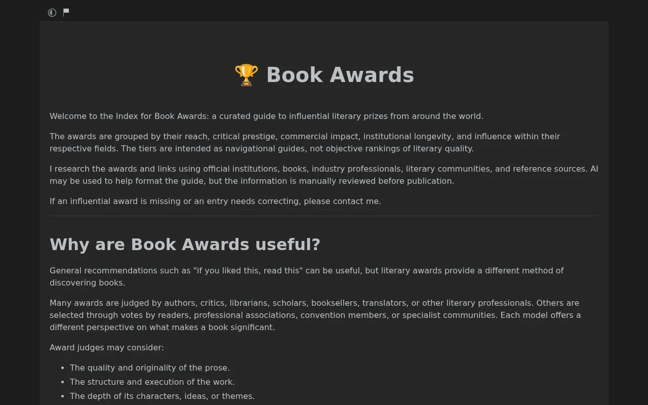 Book Awards homepage screenshot