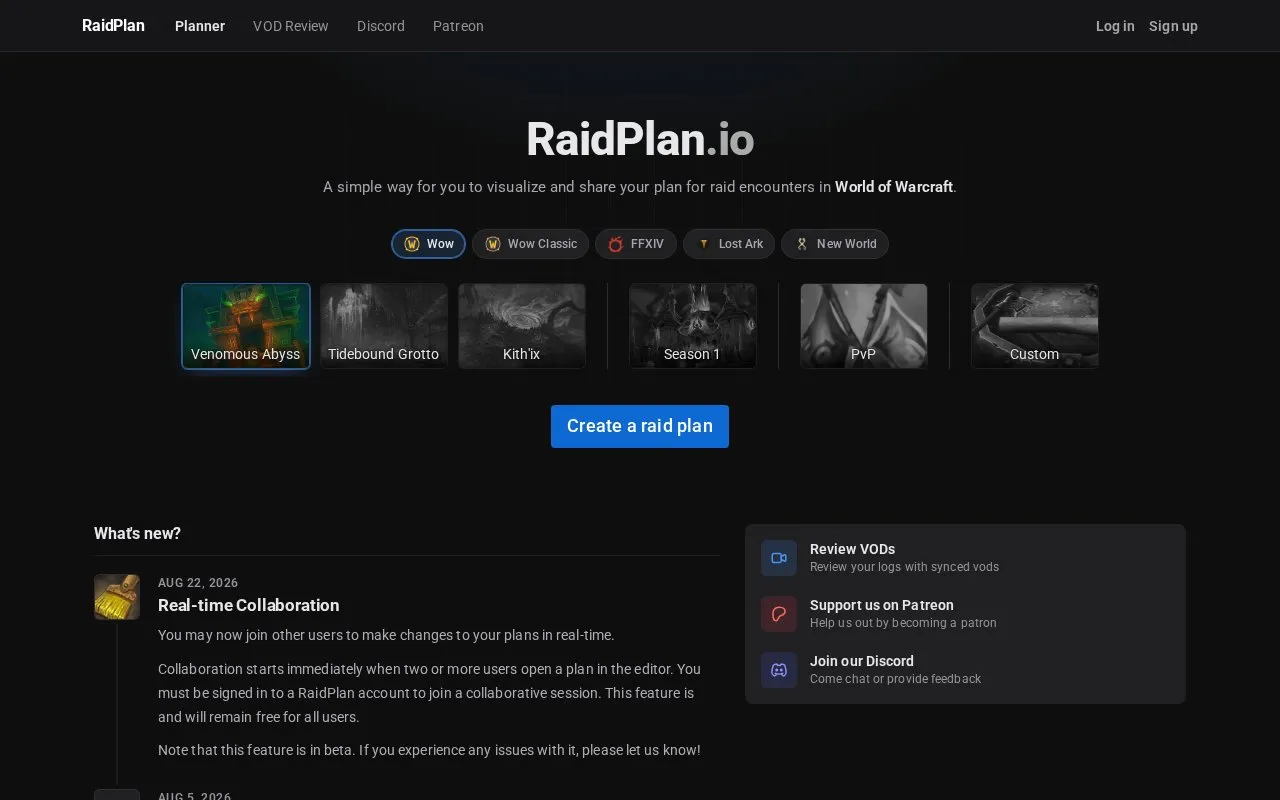 RaidPlan homepage screenshot