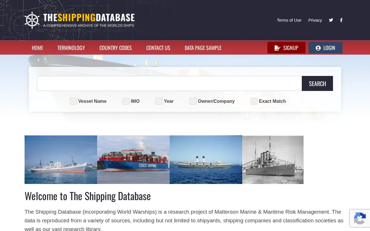 Shipping Database homepage screenshot