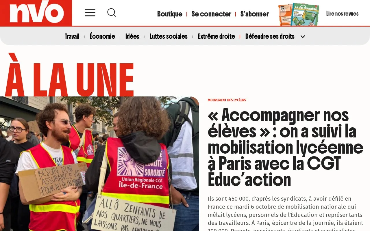 La Vie Ouvrière homepage screenshot