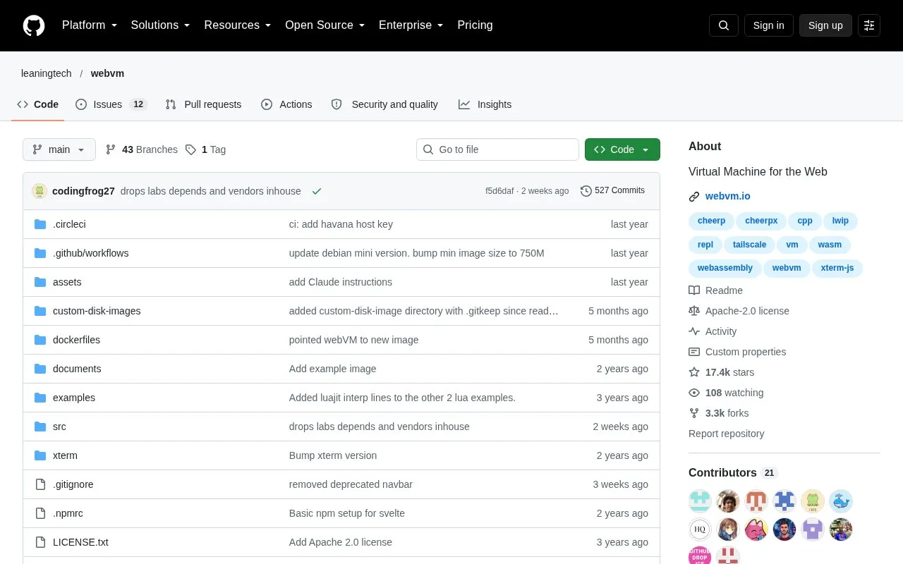 Webvm homepage screenshot