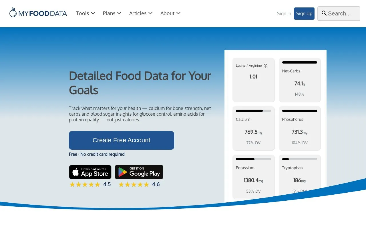 MyFoodData homepage screenshot