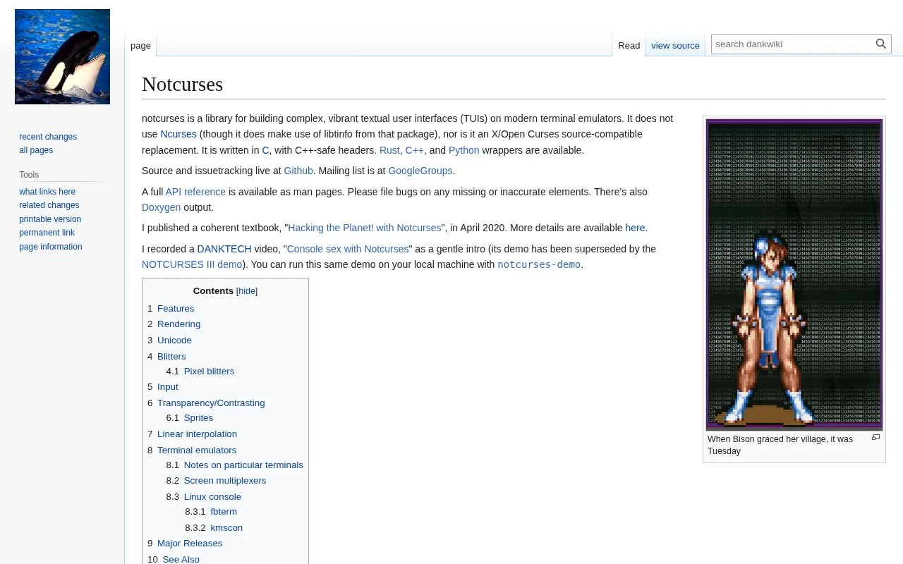 Notcurses homepage screenshot