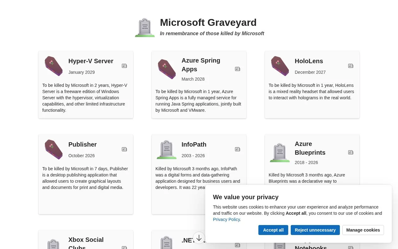 Microsoft Graveyard homepage screenshot